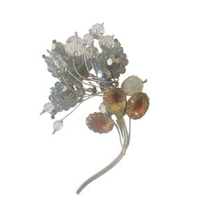 Vintage silver tone & clear, amber, gunmetal Crystal Floral Brooch handmade